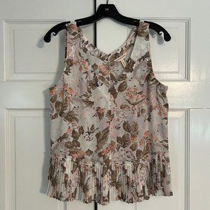 Rebecca Taylor Pleated Peplum Peach/Green Floral Silk Tank Top Sz. 4